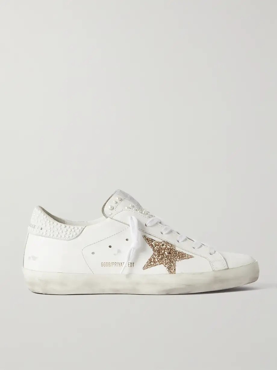 Super-Star embellished distressed glittered leather sneakers